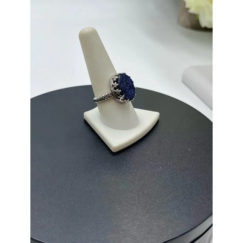 DESIGNER Y Sterling Silver 925 Signed‎ Blue Druzy Belcher Crown Set  Ring Sz 9
